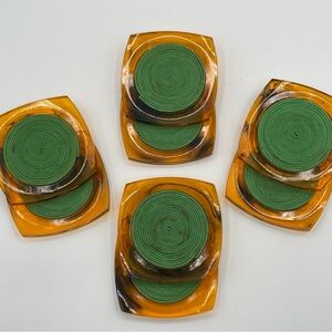 Vintage MCM Tortoise Acrylic Green Rattan Rope Coasters Set of 8
